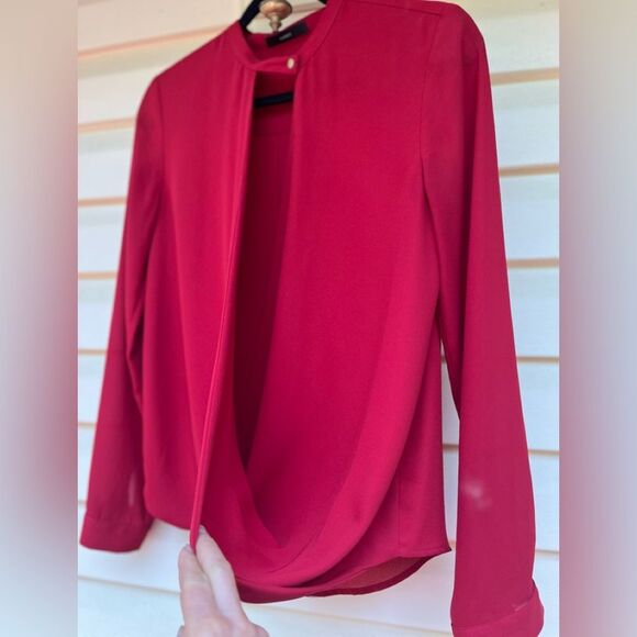 ANDB rich red long sleeved blouse, overlapping flap draped at waist, neck flap M - Picture 6 of 9